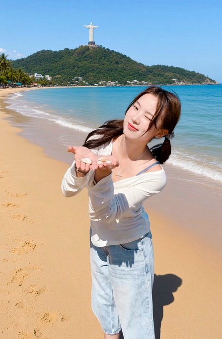 A smiling young woman with pigtails holds out shells in her palms while standing on a sandy beach, with turquoise water and a large white Christ statue visible on a green mountain in the background.