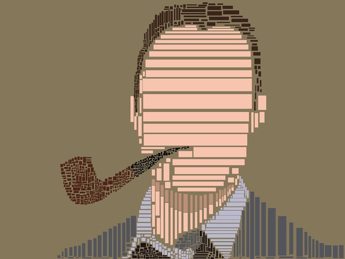 A stylized digital mosaic portrait of a man smoking a pipe, rendered in rectangular tiles.