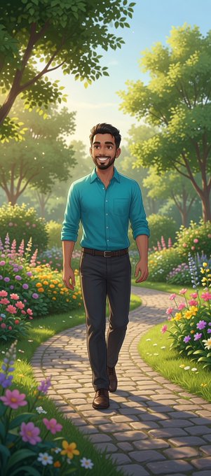 A cartoon-style illustration of a smiling man with a beard, wearing a turquoise shirt and dark pants, walking along a stone path through a lush garden filled with colorful flowers and trees.