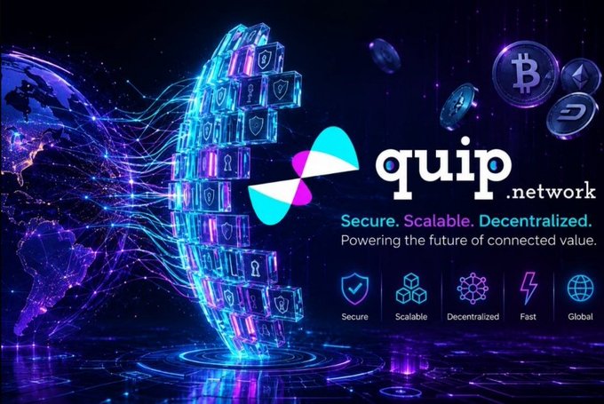 A promotional banner for 'quip.network' featuring a digital globe made of lock icons alongside Bitcoin and Ethereum symbols, with the tagline 'Secure. Scalable. Decentralized. Powering the future of connected value.'