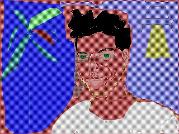 The image features a man with green eyes, wearing a white shirt, and looking at the camera. The background of the photo has a blue and purple color scheme, which contrasts with the man's attire. There are also some plants visible in the background, adding an element of nature to the scene. The post is titled "I have just collected Palm Poco" by @a_ileigh on @objktcom/tokens/KT1Uqy2 and has a rating of 4.0 out of 5 stars.