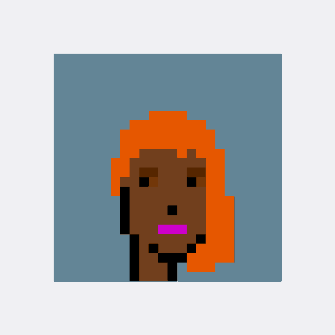 A pixel art portrait of a person with dark skin, orange hair, and bright pink lipstick against a muted blue background.
