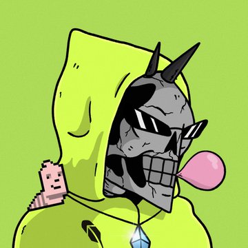 A cartoon character wearing a bright green hoodie and dark sunglasses, chewing pink bubble gum, with a small pixelated figure perched on their shoulder.