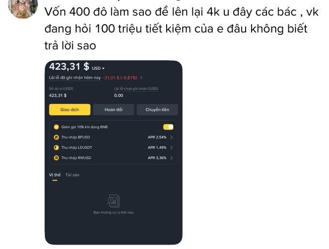 A Vietnamese social media post asking how to grow 400 into 4k, alongside a Binance savings screen showing a BUSD balance of $423.31 with -31.01$ (-6.81%) return.