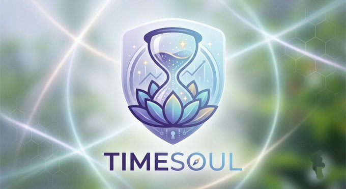 A digital artwork featuring the 'TIMESOUL' logo with a shield design containing an hourglass and lotus flower against a cosmic hexagonal background.