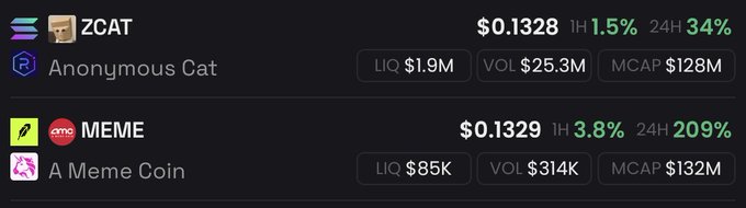 A cryptocurrency tracking display showing two tokens: ZCAT (Anonymous Cat) at $0.1328 with 1.5% 1H and 34% 24H gains, and MEME (A Meme Coin) at $0.1329 with 3.8% 1H and 209% 24H gains, displaying LIQ, VOL, and MCAP metrics.