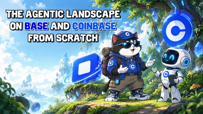 A stylized cat and robot characters stand in a lush fantasy landscape next to the Base and Coinbase logos, with the text "THE AGENTIC LANDSCAPE ON BASE AND COINBASE FROM SCRATCH" displayed across the top.

The image visually represents the post's theme of exploring the agentic landscape on Base and Coinbase, using playful mascot characters to symbolize AI agents interacting with these crypto platforms.