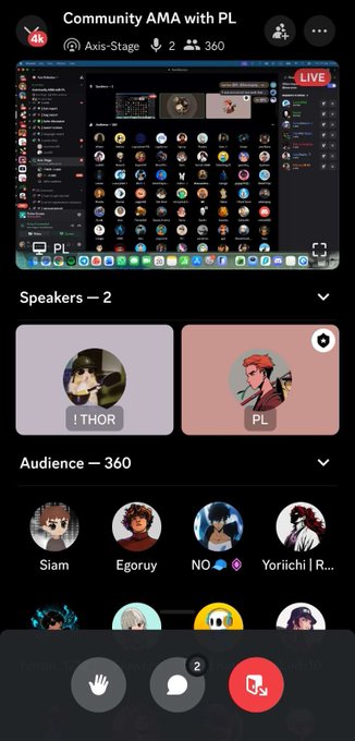 A mobile app interface for a live stream titled 'Community AMA with PL' shows 360 viewers, two speakers ('I THOR' and 'PL'), and a grid of audience avatars.