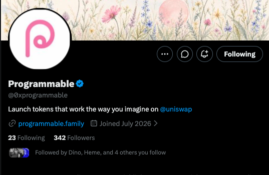 The image shows the Twitter profile of "@0xprogrammable," a verified account that offers to launch tokens on @uniswap. This relates to the post discussing a risky bet on a launchpad for uni v4, potentially involving this user.