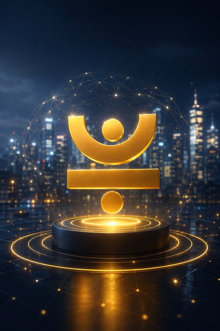A glowing golden logo, featuring a stylized "U" shape with a horizontal bar and dot, is displayed on a futuristic platform against a nighttime cityscape backdrop, with network-like patterns surrounding it. The image visually reinforces the post's message by symbolizing the secure, interconnected, and scalable infrastructure of JustLend DAO's lending ecosystem within the DeFi space.