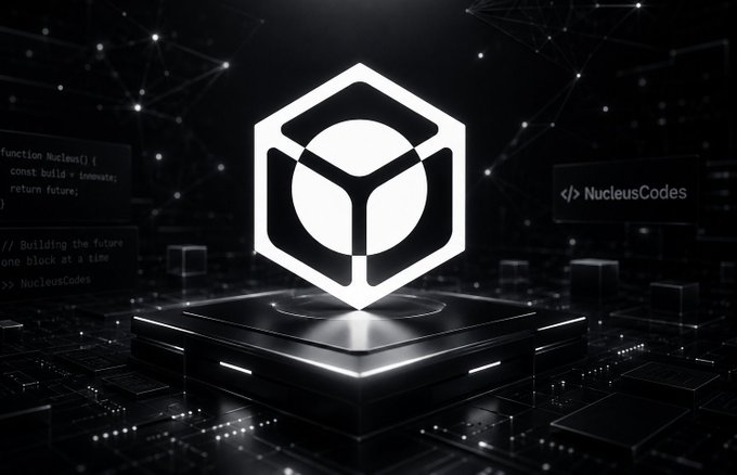 A dark tech-themed graphic featuring a glowing white hexagonal logo on a pedestal, with code snippets and the 'NucleusCodes' branding in the background.