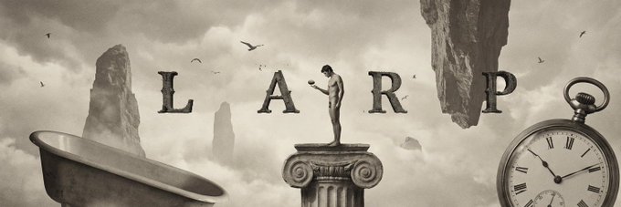 The image features an advertisement for a project called "LARP" that claims to be a research project about Autism. The text "EVERYTHING IS A LARP. the livestreams, the narratives, your entire timeline. it'S all a fake illusion. introducing $LARP. a legit autist research project built to expose the bullshit." is displayed in black and white. This advertisement seems to be promoting an idea or concept related to Autism awareness and understanding.