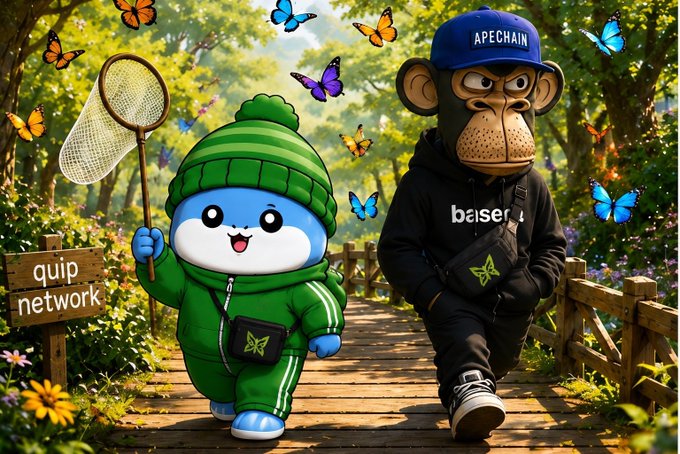 A whimsical digital illustration of a blue mascot character in a green tracksuit holding a butterfly net alongside a monkey character wearing a hat labeled 'APECHAIN' and a hoodie with 'baiser' text, set on a forest path with 'quip network' signage.