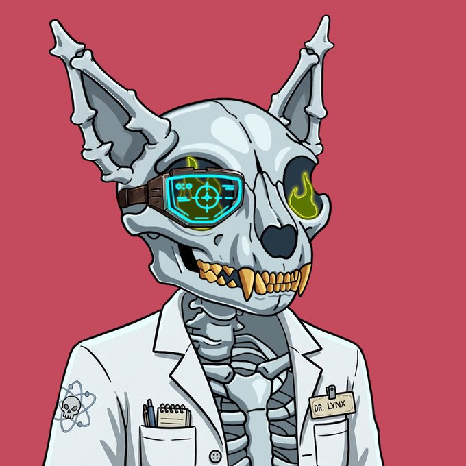 A stylized illustration of a skeletal, bat-like creature wearing a white lab coat and a futuristic visor, with a nametag reading "DR. LYNX" against a solid pink background.