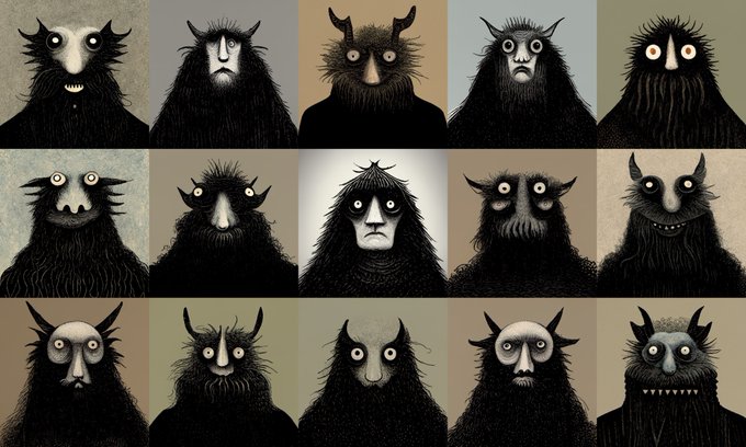 A grid of 15 illustrated black furry monster creatures with horns, white eyes, and various eerie expressions on muted backgrounds.