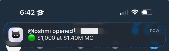 A phone notification from "@loshmi" announces opening a $1,000 position at a $1.40M market cap, showing the user just entered a trade as exit liquidity for others. The phrase "my exit liquidity is here" humorously implies that retail traders like @loshmi are the ones being dumped on by early holders cashing out of their positions.