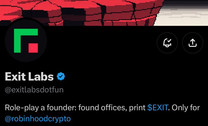 This image shows a Twitter/X profile page for "Exit Labs" (@exitlabsdotfun), featuring a verified account with a green and red "F" logo. The bio reads "Role-play a founder: found offices, print $EXIT. Only for @robinhoodcrypto," aligning with the "early project" description from the accompanying post.