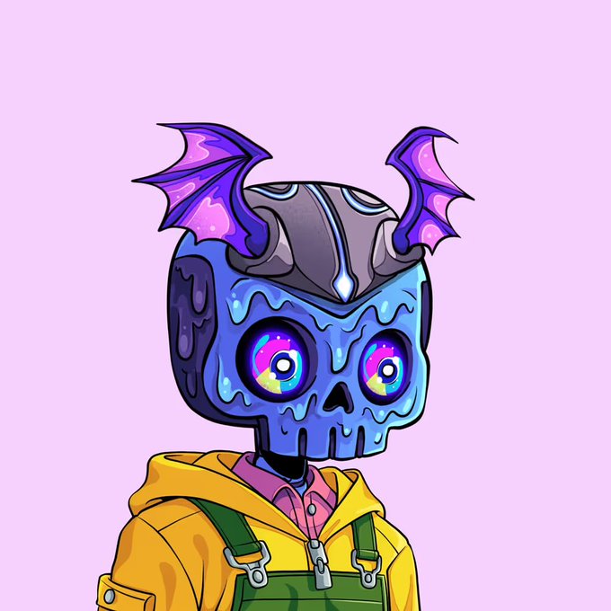 A colorful cartoon illustration depicts a character wearing a blue melting skull mask with glowing rainbow eyes, purple bat-like wings on a dark helmet, and a yellow hoodie with green overalls.
