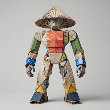 A handmade robot figure constructed from cardboard and patterned paper wears a conical Asian-style hat against a gray background.
