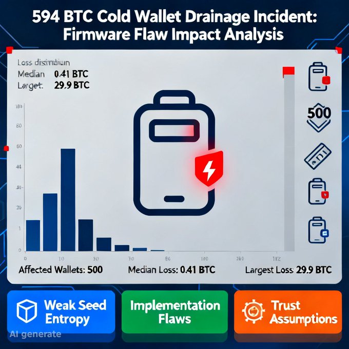 A dashboard infographic titled "594 BTC Cold Wallet Drainage Incident: Firmware Flaw Impact Analysis" showing a histogram of losses across ~500 affected wallets (median 0.41 BTC, largest 29.9 BTC), highlighting vulnerabilities from weak seed entropy, implementation flaws, and broken trust assumptions—matching the post's warning that cold wallets became exploitable due to reduced entropy in firmware-generated seeds.