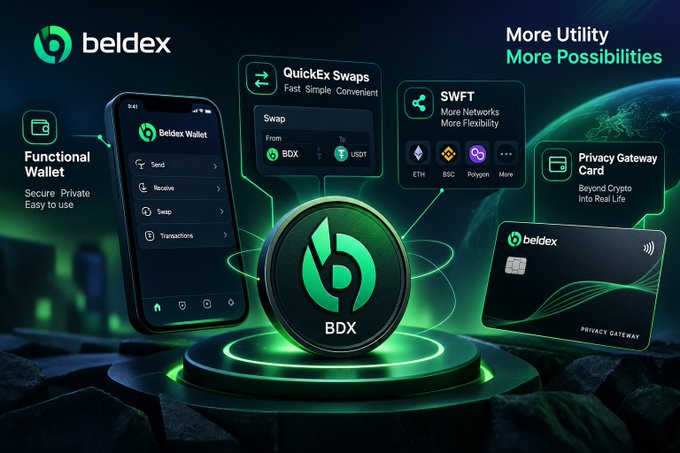 Promotional image for 'beldex' showing the 'BDX' coin, a wallet interface, QuickEx Swaps, SWFT multi-network support, and a Privacy Gateway Card.