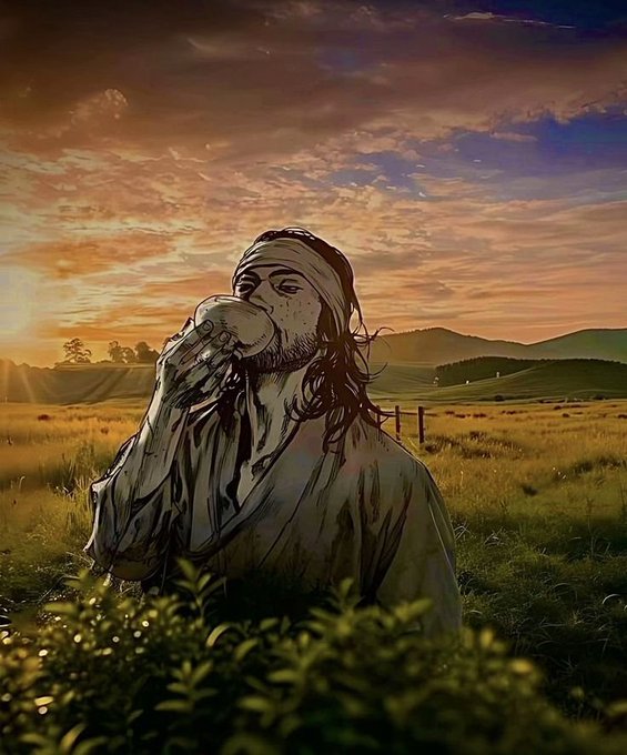 urn of tea sits on a table, with a person in a white robe and headband holding it aloft against a sunset sky.