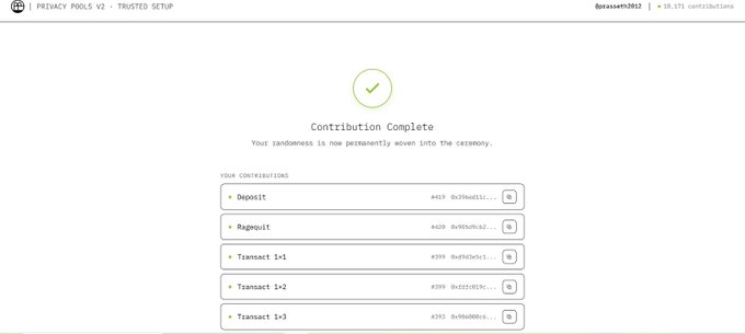 The image shows a "Contribution Complete" confirmation page for Privacy Pools v2 Trusted Setup, displaying that @passeth3012 has made 10,171 contributions including a Deposit (#619) and several Regenuit and Transact transactions. This confirms the successful completion of the user's contribution process to @0xprivacypools as referenced in their post about finishing all 27/27 circuits.