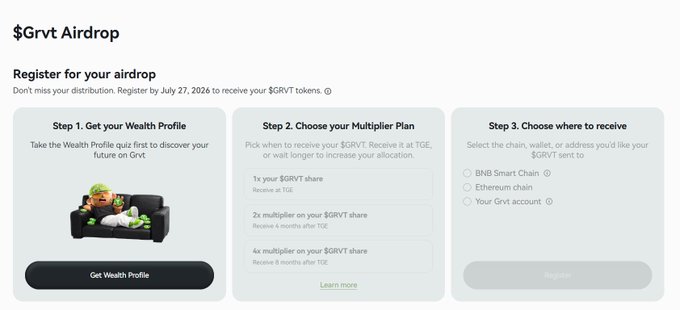 The image shows the registration process for the $GRVT token airdrop, where users can create a wealth profile, choose a multiplier plan, and select a receiving chain, with a registration deadline of July 27, 2026. This visually supports the post's announcement of the $GRVT token airdrop and its live registration.
