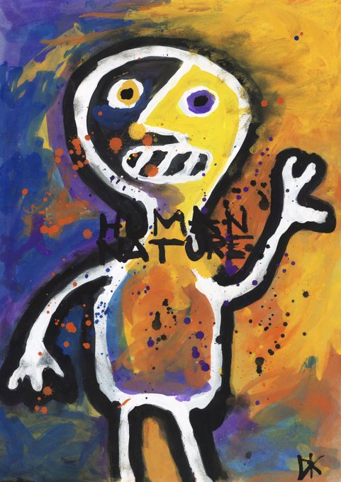A colorful, abstract painting of a stylized figure with a yellow and black face on a blue and orange background.