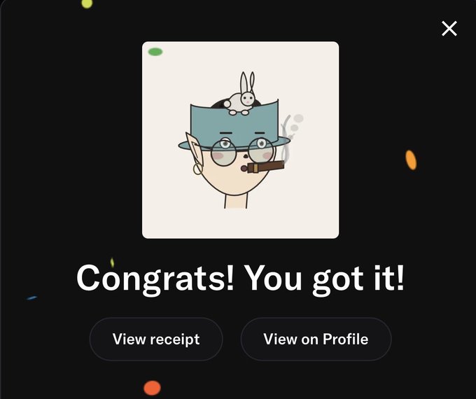 A confirmation screen displaying a cartoon character wearing glasses and a blue hat with a white rabbit on top, accompanied by the text "Congrats! You got it!" and buttons to "View receipt" or "View on Profile," celebrating a successful NFT mint from the JaconLab collaboration.