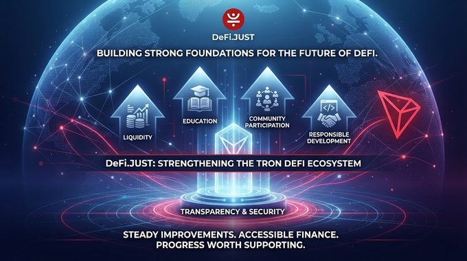 Promotional graphic for DeFi:JUST featuring the text 'BUILDING STRONG FOUNDATIONS FOR THE FUTURE OF DEFI' with pillars labeled LIQUIDITY, EDUCATION, COMMUNITY PARTICIPATION, and RESPONSIBLE DEVELOPMENT, highlighting the TRON DEFI ECOSYSTEM.