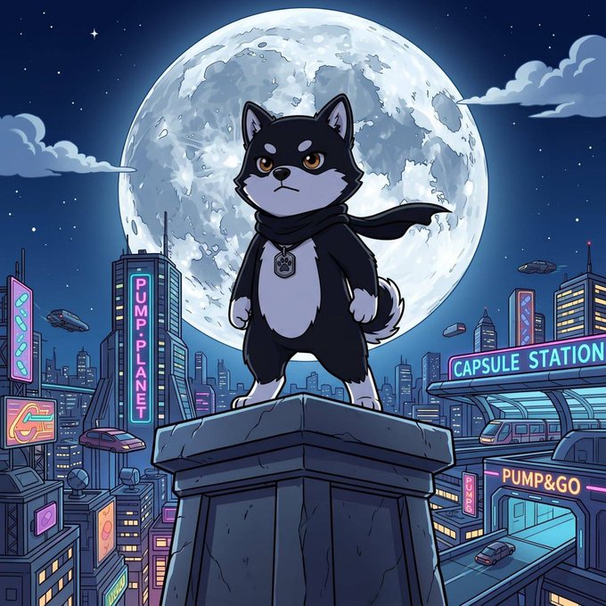 The image features a black and white dog standing on top of a building with a city skyline behind him. The dog appears to be wearing a cape, giving it a superhero-like appearance. In the background, there are neon signs for a "CAPSULES" store and a "Pump&Go" store, indicating that this scene takes place in an urban setting. The image also includes text elements such as "BNB memes live or die in the first 48h", which suggests that it is related to a meme or social media post about BNB (Bank of Nova Scotia).