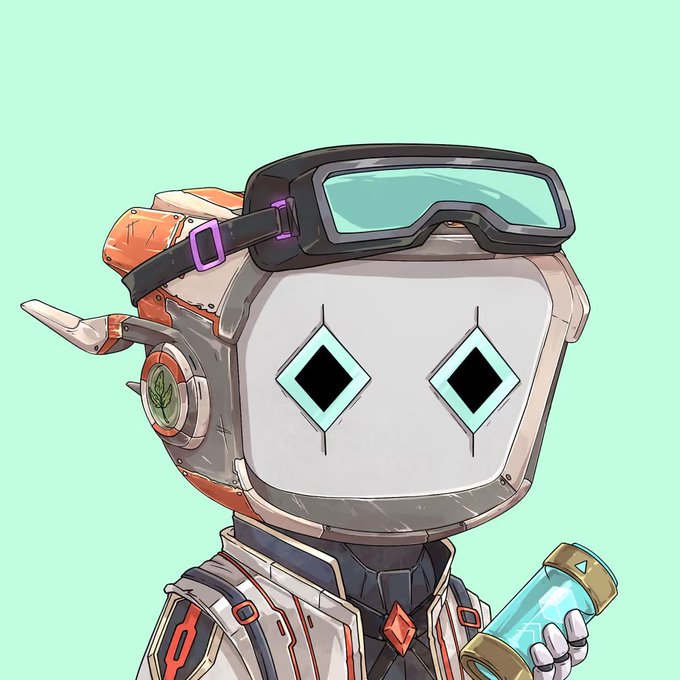 A digital illustration of a robot character with a square white head featuring diamond-shaped eyes, wearing black goggles on its head and holding a small vial of blue liquid.