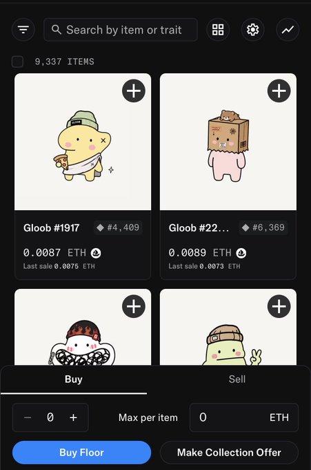 A mobile NFT marketplace interface displaying collectible character items called 'Gloob', including Gloob #1917 (#4,409) priced at 0.0087 ETH and Gloob #22... (#6,369) priced at 0.0089 ETH, with a bottom navigation panel for Buy/Sell actions and a 'Buy Floor' button.