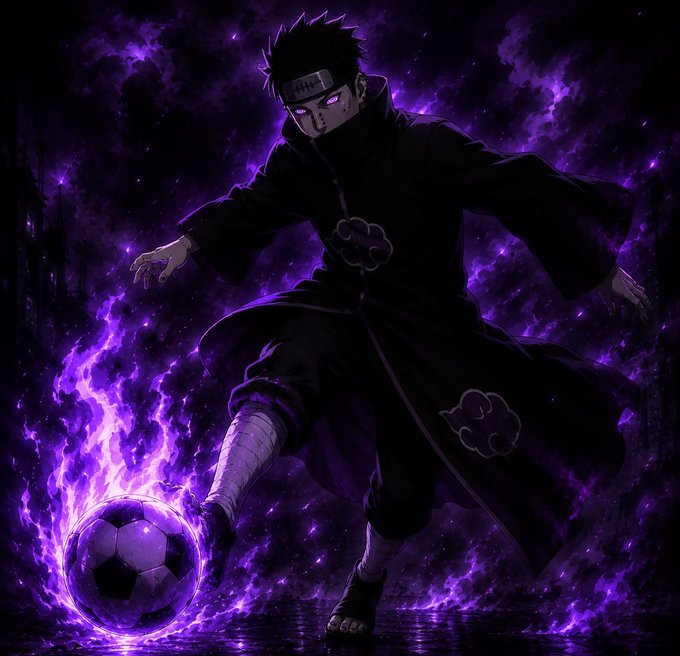 An anime-style illustration of a ninja character with a headband and dark Akatsuki cloak, surrounded by dramatic purple flames and standing over a glowing purple soccer ball.