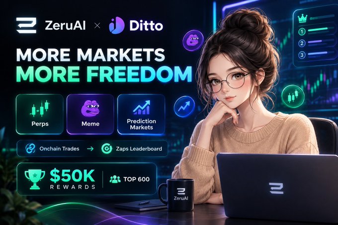 A promotional graphic for 'ZeruAI × Ditto' featuring an illustrated woman with glasses at a laptop, advertising 'MORE MARKETS MORE FREEDOM' with categories like 'Perps', 'Meme', and 'Prediction Markets', along with '$50K REWARDS' and 'TOP 600'.