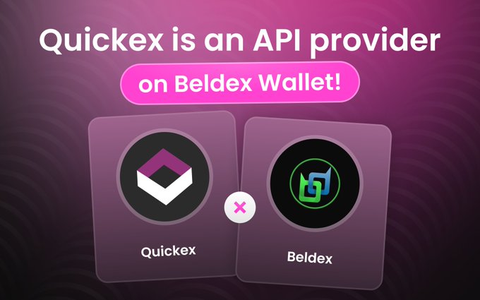 A promotional graphic announcing 'Quickex is an API provider on Beldex Wallet!' featuring the logos for Quickex and Beldex.