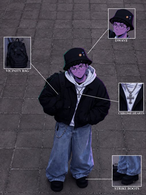 A stylized fashion breakdown photo showing someone in a black bucket hat, jacket, and baggy jeans, with callouts labeling the 'DWAVE' hat, 'VICINITY BAG', 'CHROME HEARTS' cross necklace, and 'STRIKE BOOTS'.