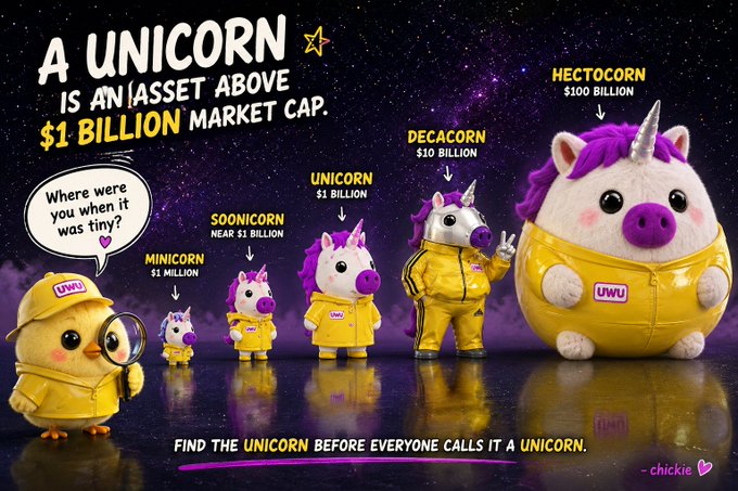 An illustrated infographic explaining that 'A UNICORN IS AN ASSET ABOVE $1 BILLION MARKET CAP,' showing characters labeled Minicorn ($1 million), Soonicorn (near $1 billion), Unicorn ($1 billion), Decacorn ($10 billion), and Hectocorn ($100 billion) with the tagline 'FIND THE UNICORN BEFORE EVERYONE CALLS IT A UNICORN.'
