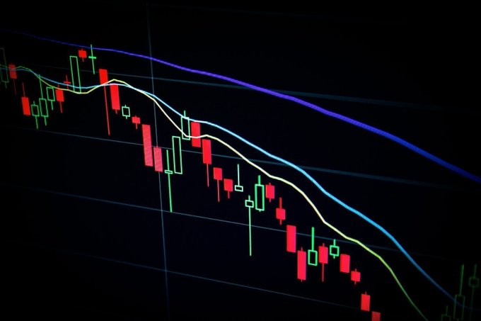A candlestick chart displayed on a black background shows a clear downtrend, with red (bearish) candles dominating as prices decline, accompanied by moving average lines tracking the downward trajectory—illustrating a bearish market setup relevant to the thread's discussion of basic trading indicators like RSI and MACD.