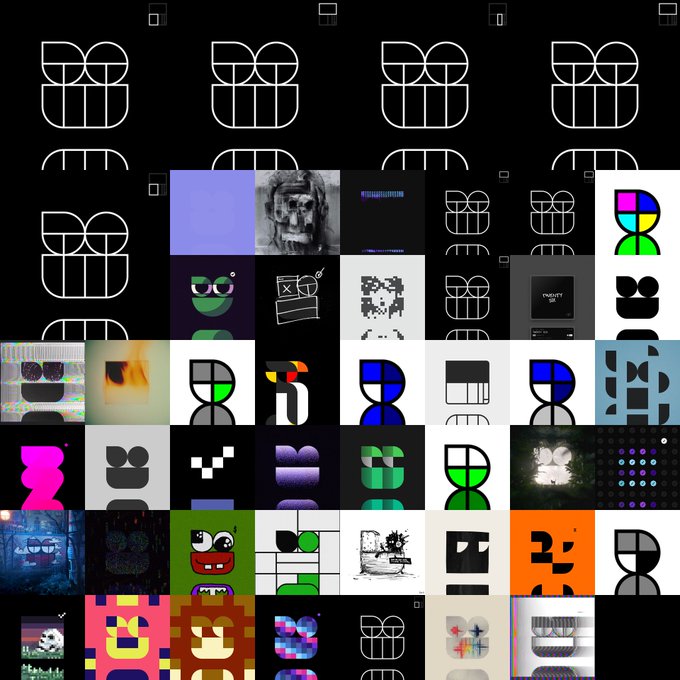 A grid collage displaying numerous variations of a stylized face or mask logo, predominantly black and white with some colorful versions, set against various backgrounds including skulls, landscapes, and abstract designs.