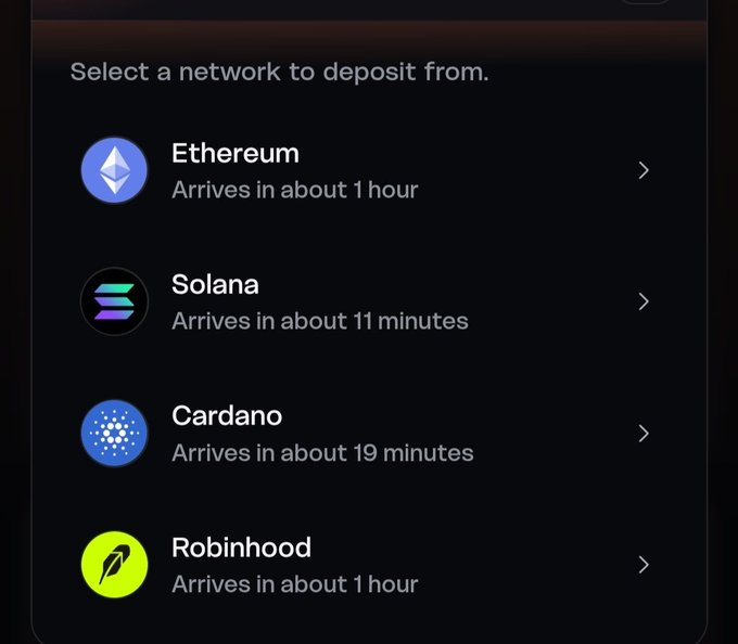 A cryptocurrency app interface prompts the user to select a network to deposit from, listing Ethereum (1 hour), Solana (11 minutes), Cardano (19 minutes), and Robinhood (1 hour) with their respective logos.