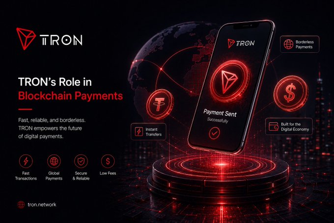A promotional graphic for TRON cryptocurrency titled 'TRON's Role in Blockchain Payments,' highlighting features like Fast Transactions, Global Payments, Secure & Reliable, Low Fees, Instant Transfers, Borderless Payments, and Built for the Digital Economy, with the website tron.network.