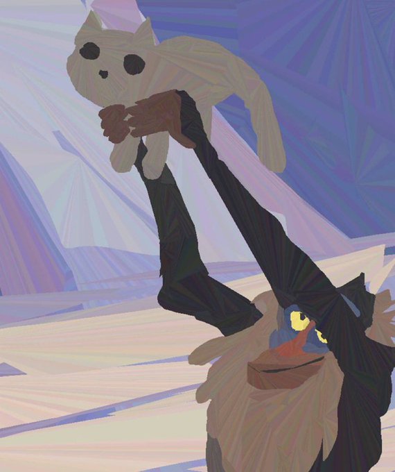 A digital painting depicts a tall, slender dark creature with glowing yellow eyes reaching up to hold a small, round, beige cat-like figure with big black eyes, set against an abstract icy blue and purple background.
