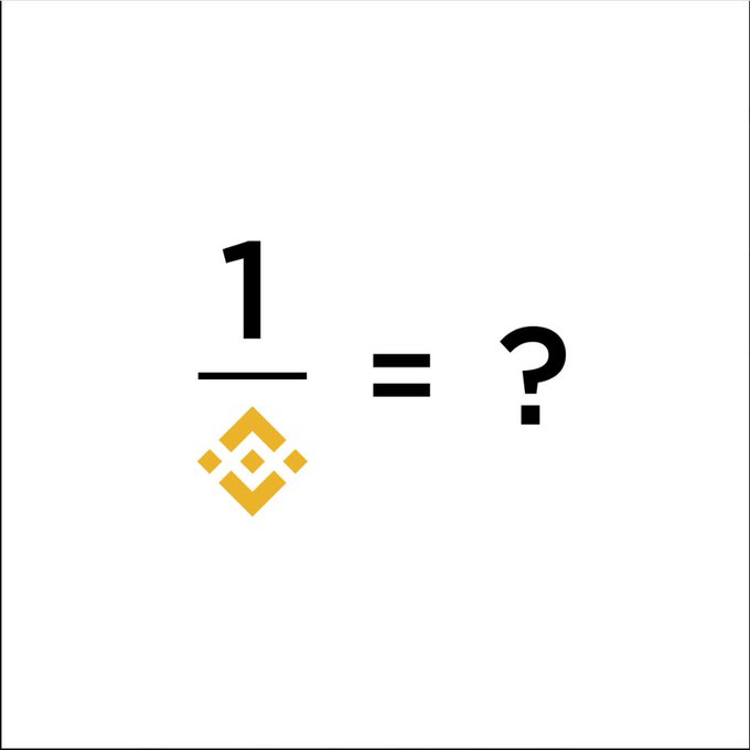 The image displays the mathematical equation "1/Binance (BNB logo) = ?" with a question mark, symbolizing a conversion or value query related to the Binance cryptocurrency.