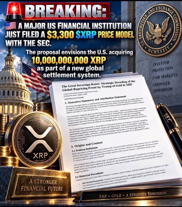 A promotional graphic claiming 'BREAKING! A MAJOR US FINANCIAL INSTITUTION JUST FILED A $3,300 $XRP PRICE MODEL WITH THE SEC,' referencing a proposed acquisition of 10 billion XRP as part of a global settlement system tied to gold and XRP.