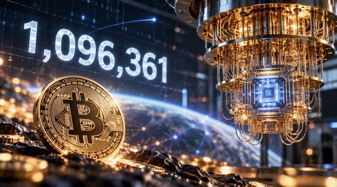 A digital artwork featuring a large gold Bitcoin coin in the foreground, with the number '1,096,361' displayed and a glowing quantum computer-like structure in the background.