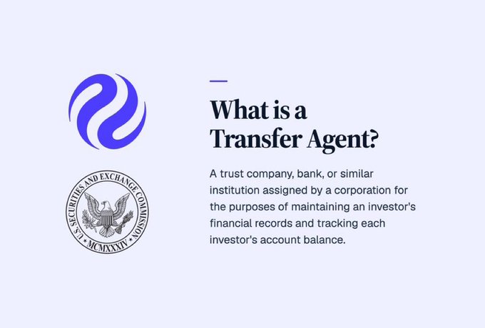A graphic explaining "What is a Transfer Agent?" with the SEC seal, defining it as a trust company, bank, or similar institution that maintains investor financial records and tracks account balances. The image visually supports the post's announcement of Injective becoming the first layer-1 to obtain SEC transfer agent registration, illustrating the regulatory concept behind the milestone.