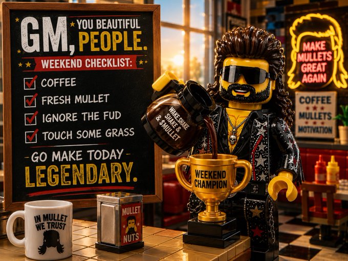 A Lego-style scene with a mullet-wearing figure pouring coffee into a 'WEEKEND CHAMPION' trophy, beside a checklist titled 'GM, YOU BEAUTIFUL PEOPLE' listing 'COFFEE', 'FRESH MULLET', 'IGNORE THE FUD', and 'TOUCH SOME GRASS'.