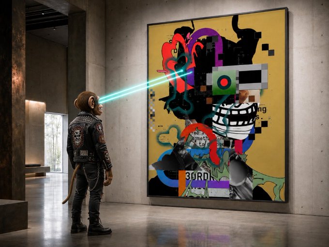 The image features a man wearing a leather jacket, standing near a large painting that has a green light emanating from it. The man appears to be engaged with the artwork as if he's experiencing a technological or futuristic sensation due to the presence of the light. The painting is located in an indoor space with high ceilings and a concrete floor, giving it an urban or industrial feel.
